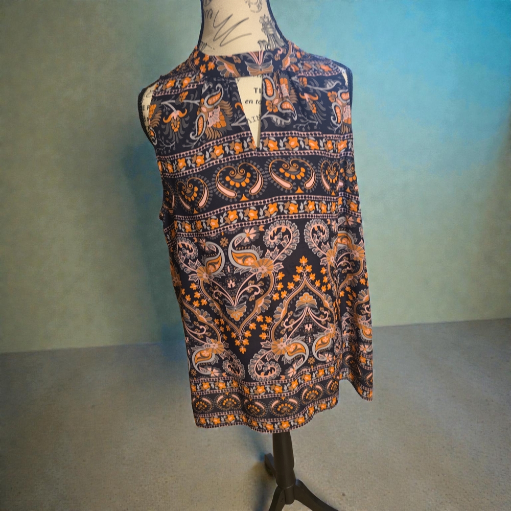 Violet & Claire Paisley Sleeveless Blouse‎ - Navy and Orange